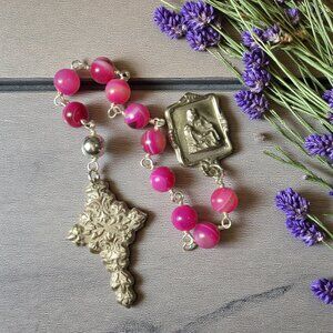 La Pieta Pocket Rosary, Bronze and Pink Agate